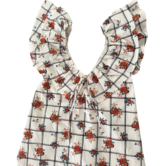 Zara Womens Floral Midi Dress M White Ruffle Collar Cottagecore Boho Peasant - Picture 3 of 10